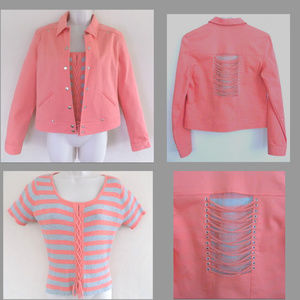 Denim jean jacket and knit top 6 Peach pink Lace-up details Cotton bl 2-piece